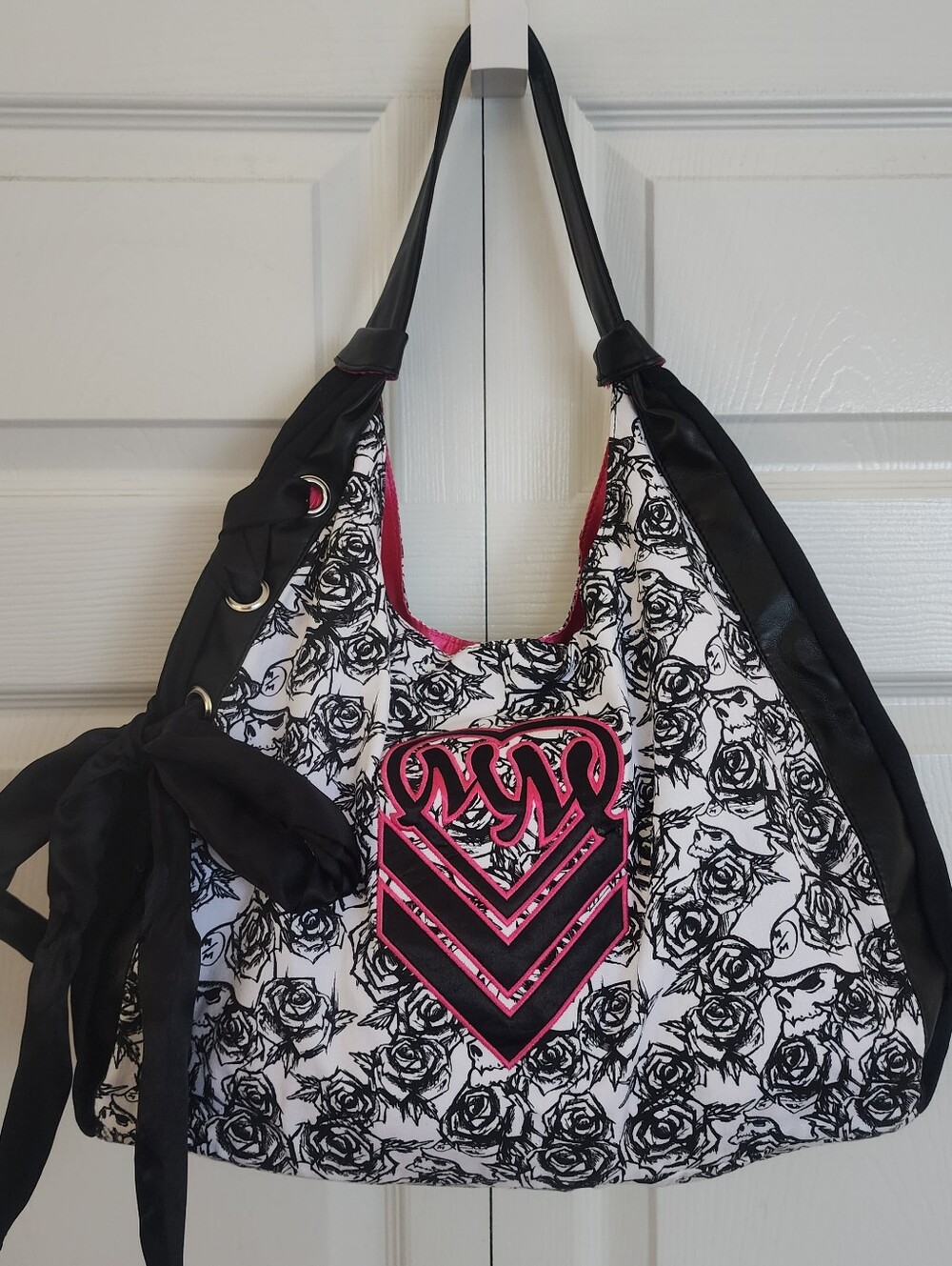 METALMULISHA Lua Tote Shoulder Bag Purse, Black White Pink Rose Bow Grunge Punk